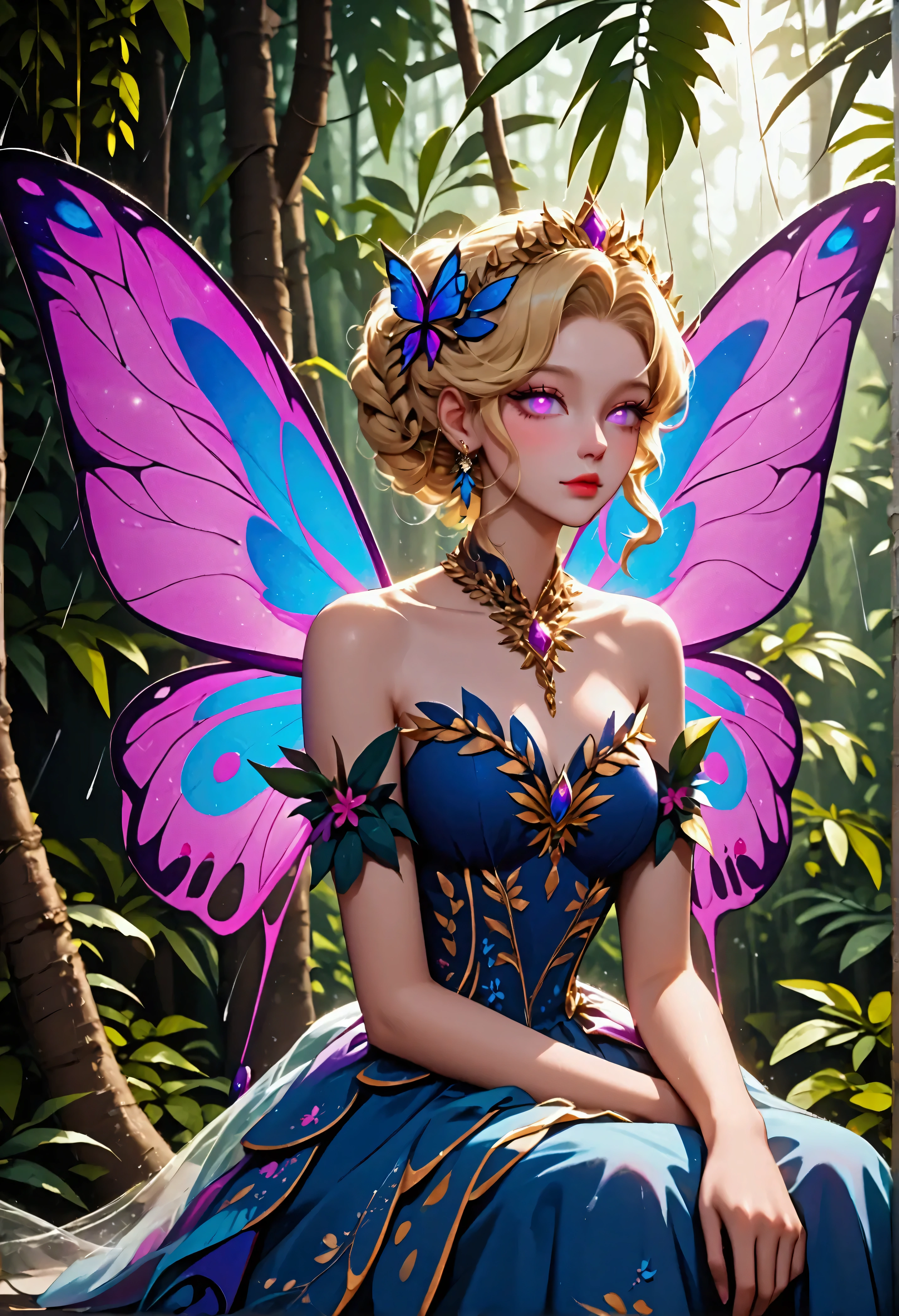 a picture of a jungle fairy, an extraordinary beautiful, elegant beauty, divine beautiful fairy, spread butterfly wings, blue and purple wings, pink eyes, glowing eyes, best detailed face,  blond hair, rich hair, wavy hair, glamour dress, wild dress, dress decorated with jungle flowers, sitting on massive heliconia tree the rain forest, sun rays coming through the trees, Hyperrealism style, vibrant, Ultra-high resolution, High Contrast, (masterpiece:1.5), highest quality, Best aesthetics), best details, best quality, highres, ultra wide angle, 16k, [ultra detailed], masterpiece, best quality, (extremely detailed) RAW, chumbasket art style, FairyTaleAI, fairy wings, hyp3rd3tail style