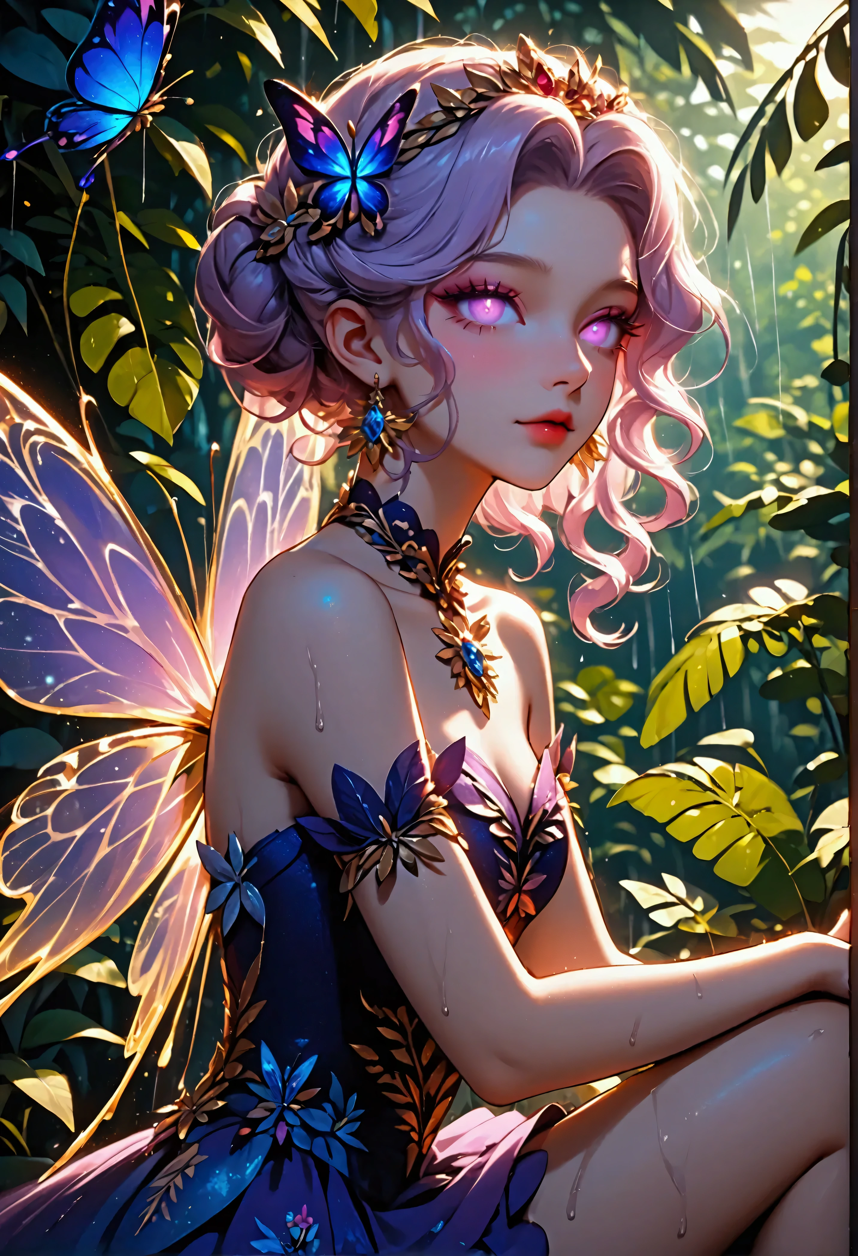 a picture of a jungle fairy, an extraordinary beautiful, elegant beauty, divine beautiful fairy, spread butterfly wings, blue and purple wings, pink eyes, glowing eyes, best detailed face,  blond hair, rich hair, wavy hair, glamour dress, wild dress, dress decorated with jungle flowers, sitting on massive heliconia tree the rain forest, sun rays coming through the trees, Hyperrealism style, vibrant, Ultra-high resolution, High Contrast, (masterpiece:1.5), highest quality, Best aesthetics), best details, best quality, highres, ultra wide angle, 16k, [ultra detailed], masterpiece, best quality, (extremely detailed) RAW, chumbasket art style, FairyTaleAI, fairy wings, hyp3rd3tail style