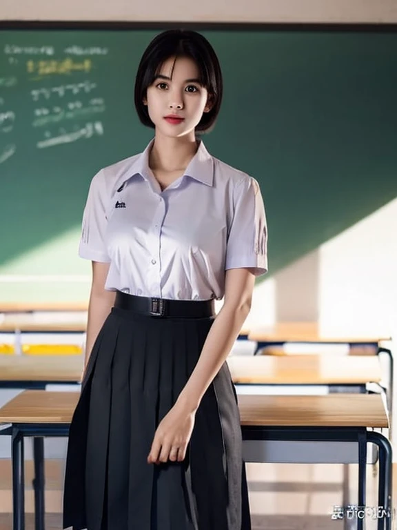 (photorealistic:1.4),Best quality, masterpiece ,Thai classroom, 1girl ,(mathayom uniform),white shirt short sleeves,(black pleated long skirt:1.2),short hair , Pretty thai woman short hair , big breasts , The shirt is tight , big tits
 