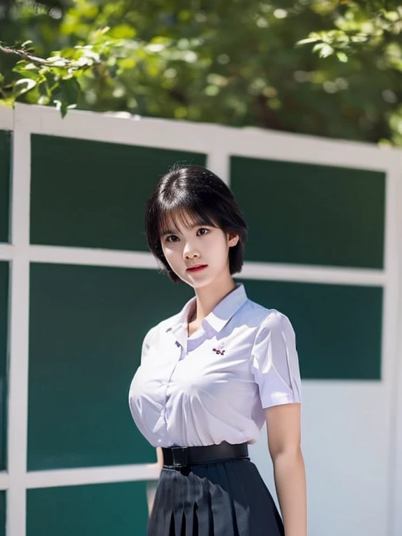 (photorealistic:1.4),Best quality, masterpiece ,Thai classroom, 1girl ,(mathayom uniform),white shirt short sleeves,(black pleated long skirt:1.2),short hair , Pretty thai woman short hair , big breasts , The shirt is tight , big tits
 