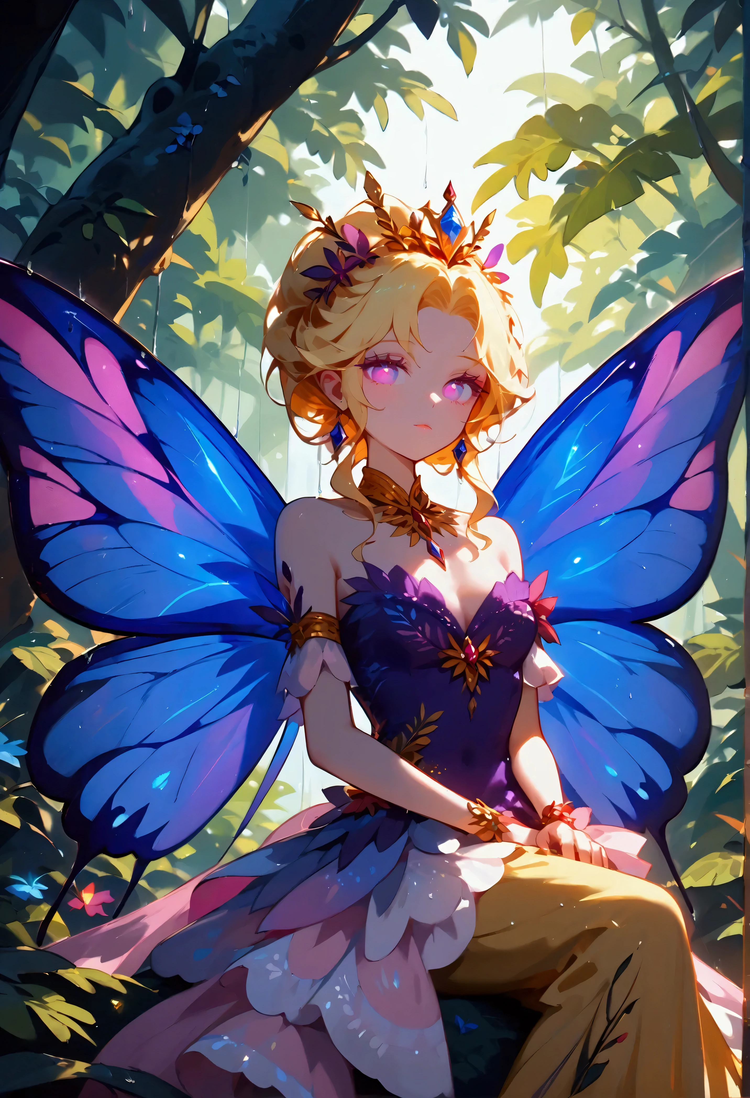 a picture of a jungle fairy, an extraordinary beautiful, elegant beauty, divine beautiful fairy, spread butterfly wings, blue and purple wings, pink eyes, glowing eyes, best detailed face,  blond hair, rich hair, wavy hair, glamour dress, wild dress, dress decorated with jungle flowers, sitting on massive heliconia tree the rain forest, sun rays coming through the trees, Hyperrealism style, vibrant, Ultra-high resolution, High Contrast, (masterpiece:1.5), highest quality, Best aesthetics), best details, best quality, highres, ultra wide angle, 16k, [ultra detailed], masterpiece, best quality, (extremely detailed) RAW, chumbasket art style, FairyTaleAI, fairy wings, hyp3rd3tail style