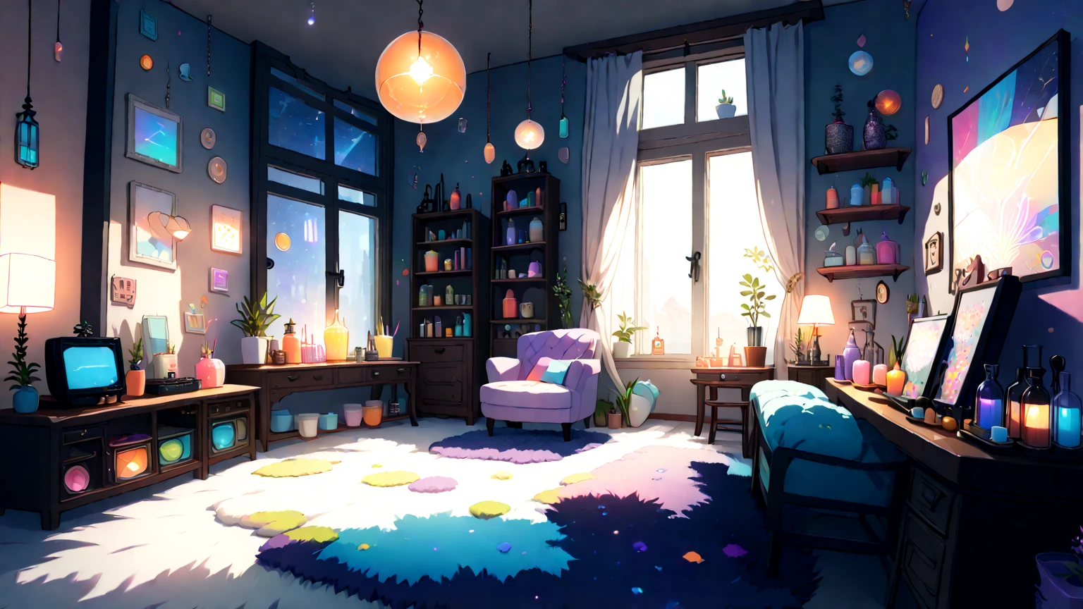  fashionable,Cute Room Background, simple,window,warm, Aromatic Candles , colorful ,Gaming, bright 