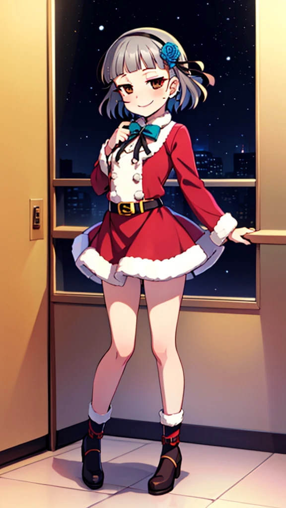 (((solo))), 1 woman, LOVELIVE! Sakuya Kurobane, sakuyaunif, kurobane_sakuya, short hair, grey hair, black hairband, blue hair flower, brown eyes, red eyeliner, chest, blush, smile, (full body), santa claus