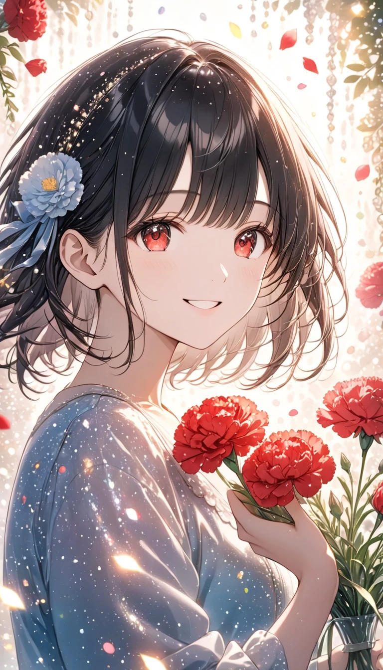 Anime Style,Ultra Glitter , woman looking at me,1 person, black hair,Medium-length hair,Red eyes,Smiling person,Pass the flowers,  carnation flower ,White background,Very heartwarming,Vignette,Good shine, best scene masterpiece , best quality,Exquisite,8k, absurd, super detailed illustration,( watching the audience)