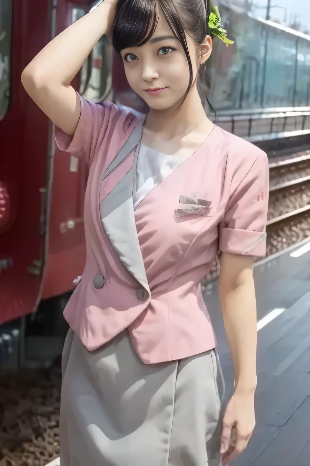 (masterpiece:1.2,  best quality:1.2), 32kHDR, there is nothing, (Alone、  1 girl)、（ Rooftop of a building during the day 、 professional lighting）、With the roof of the building in the background 、（ Nankai train crew uniform real style wearing pink ）、（（ Nankai train crew uniform pink short sleeve collarless jacket））、（（short sleeve collarless blouse ））、（（Nankai train crew uniform pinkのグレーの巻きキュロットスカート））、  dark brown hair 、（Hair tied up、Hair Bun、Hair Bun）、  dark brown hair 、Long Hit、Big Breasts、Thin legs、（（ amazing hands：2.0）），（（  Harmonious Body Proportions  ：1.5）），（（Normal limbs：2.0）），（（Usually ：2.0）），（（  Delicate Eyes Full of Determination ：2.0）），（（Normal eyes：2.0））)、smile、（Nankai train crew uniform pinkを見せた美しい立ち姿） 、Hands clasped underneath
