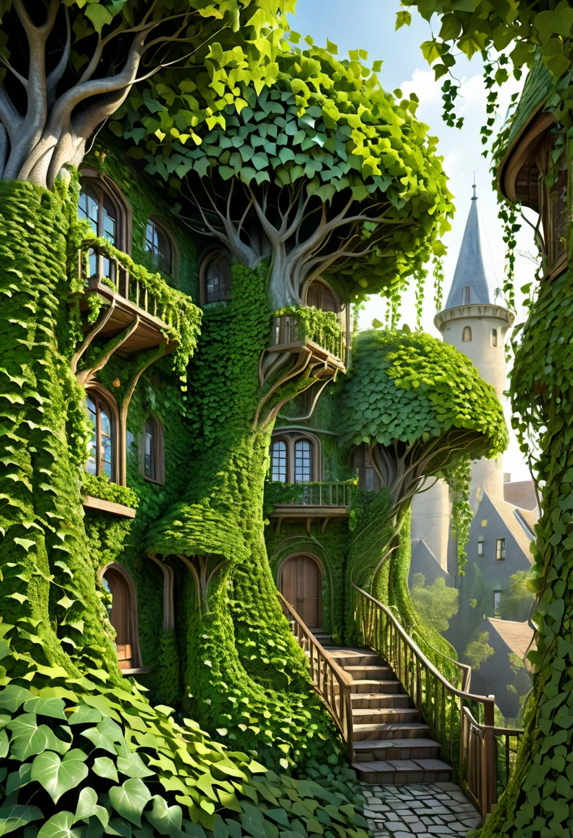 an illustration fantastic randscape, tree housies with walls woven with ivy and with leaves inserted into them