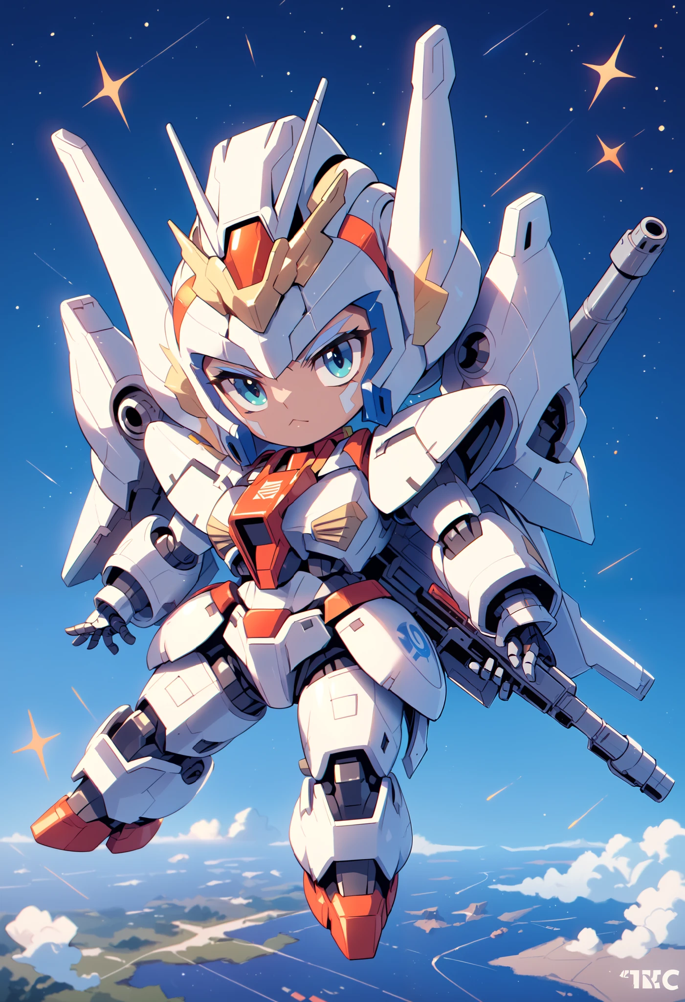 ((masterpiece)), accurate, textured skin, ((super detail)), high quality, high details, highres, best quality, chibi, Gundam, robots, deformed characters, space, star wars, Metallic silver armor, Beam rifle, Heavy Armor, girl, 