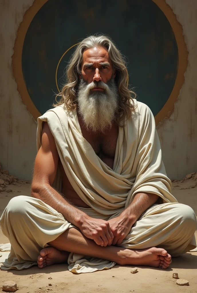 (Highest quality:1.5), (masterpiece:1.5), (8K:1.5), (Simple Background:1.1), 1 man, full body, A thin hermit with a long beard and white hair sitting cross-legged