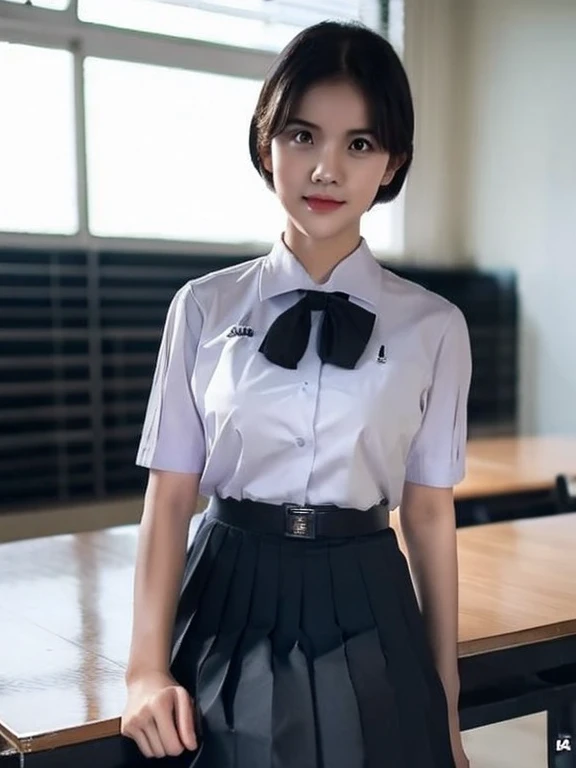 (photorealistic:1.4),Best quality, masterpiece ,Thai classroom, 1girl ,(mathayom uniform),white shirt short sleeves,(black pleated long skirt:1.2),short hair , Pretty thai girl short hair , big breasts , The shirt is tight , big tits
 