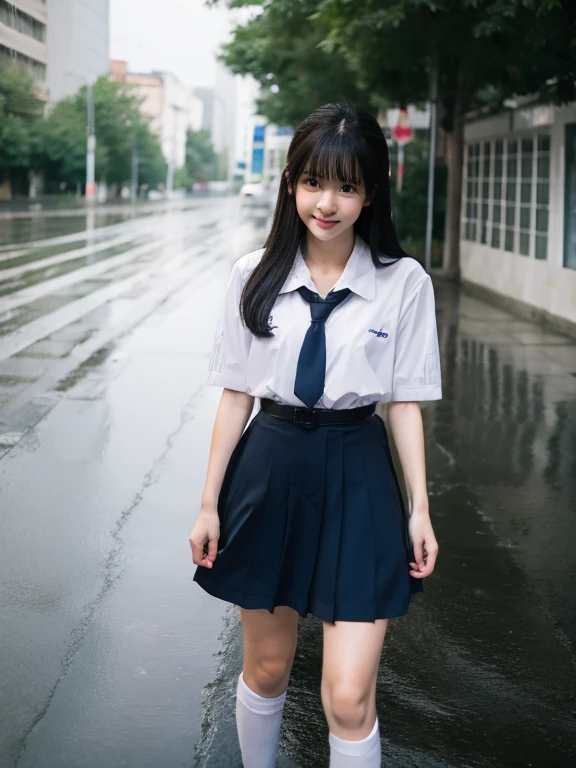 1 girl,  black long hair, school uniform,  shy,  shy, wet, rain, transparent, ( Masterpiece ,  best quality ),  Soft Light ,  film composition , cinematic light