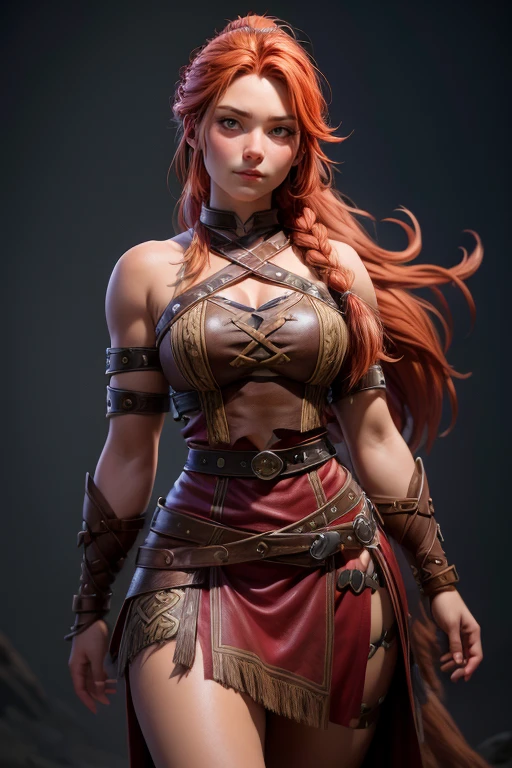  Young Viking woman , warrior,  long red hair tied in a single braid ,  amazonian body ,  generous hips , curvilinear,  woman wears leather armor with leather linings and Celtic and Nordic knots, fur skirt,  top quality ,  masterpiece, super detail,  lyrics,  cinematographic lighting.