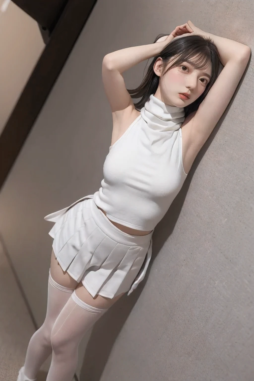 (​masterpiece:1.3), (8K, Photorealsitic, Raw photography, Top image quality:1.4), foco nítido:1.2, Beautiful woman with perfect body:1.4, middlebreasts, ,Colossal tits、pleatedskirt、Short skirt that can't hide panties、,(((Young fashion woman wearing white sweater and black pleated mini skirt)))、(((Small panties digging into the crotch)))、White transparent small panties、(Pubic hair shows through:1.5)、Highly detailed facial and skin texture、A detailed eye、FULL BODYSHOT、(((Panties that dig into the crotch)))、Dark pubic hair 1.5、pubick hair:1,5、sexual excitement、 expressions、shinny skin、((Functional))、Poses variadas、Shot from a little below、Pro lighting、