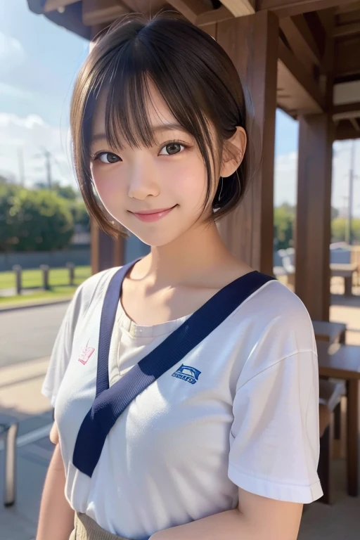 masterpiece, ultra high res, (photorealistic:1.4), 8k, RAW photo, best quality, detailed shadow, sharp focus, bloom, (bokeh:1.3), (blue Hour Light:1.6), (Leaning forward:1.5), (cowboy shot:1.3), (close up:1.5), (looking at viewer:1.2), break 1girl, (laugh:1.5), (open mouth:1.4), (light brown hair:1), (wavy hair:1.6), (short bob cut:1.5), (bangs:1), (small breasts:1), (perfect face:1.4), super detailed beautiful skin, (abs:0.7), (round face:1.5), (wide forehead:1.25), (skinny:1.2), (fair skin:1.5), (transparent skin:1.5),(Japanese idle:1.5), (loli face:1), (detailed and structured patterns:1.6), (18 years old:1.5), (White tight Japanese Gym Uniform:1.6), (black tight buruma:1.6), (latex:1.1), (Post town in the Edo period:1), (A row of buildings from the Edo period:1), (ridge road:1.4), (dirt road:1.4), (Japanese Geta:1), (outdoor:1.2), (street:1.2),