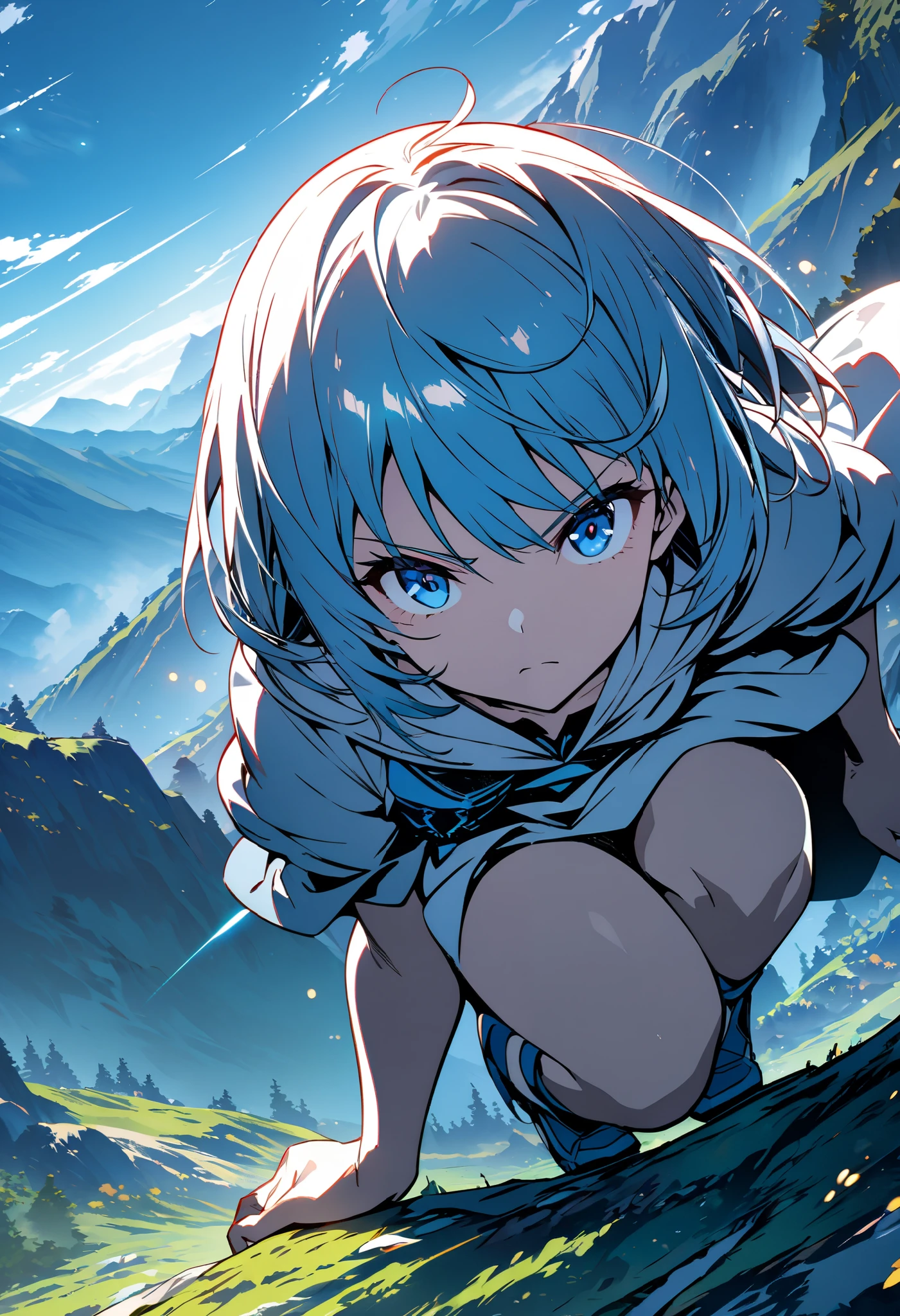 (Anime illustration of a girl with a rabbit motif. Squatting down. The effect of storing energy in the legs. The energy is blue and shining. The background is a scene in the mountains. Angle viewed from top to bottom. A serious expression. masterpiece, best quality, extremely detailed CG unity 8k wallpaper,