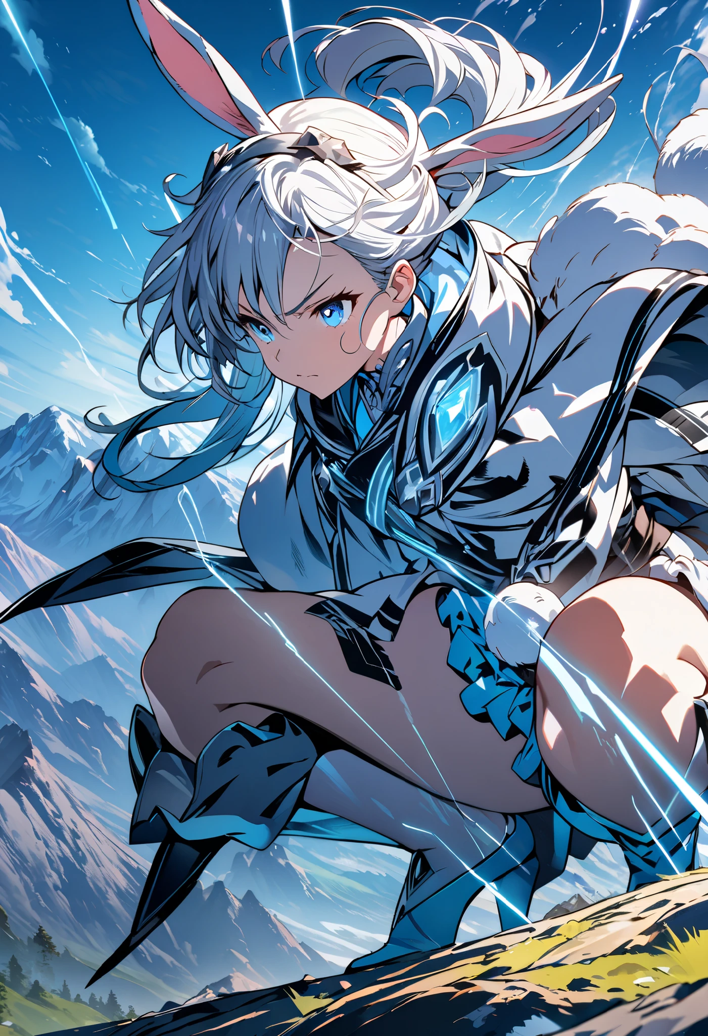 (Anime illustration of a girl with a rabbit motif. Squatting down. The effect of storing energy in the legs. The energy is blue and shining. The background is a scene in the mountains. Angle viewed from top to bottom. A serious expression. masterpiece, best quality, extremely detailed CG unity 8k wallpaper,