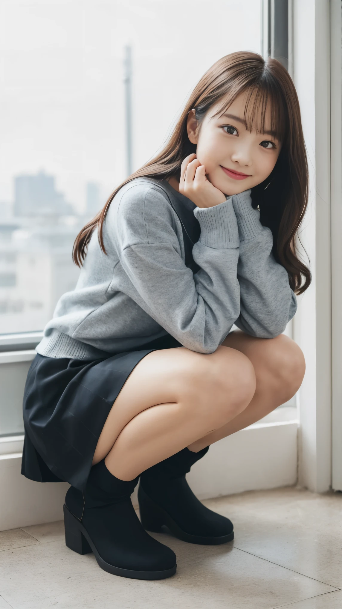 ( happy expression:1.26)、 RAW photo、(((The ultimate full-body beautiful photo)))、(( Glowing Skin))、 1 girl、 beautiful 25 year old girl from Prague 、Bright expression、((  brown hair))、Sweatshirt Girl、 plaid pleated skirt、View from the floor、( long stockings or pantyhose for sweatshirts)、( a picture of rolling up my skirt myself by the window in the office )、Big Breasts、 feet 、Squat、 panties、(( Very detailedな))、( Perfectly Detailed Face)、()、(Finger detailing)、(Superior anatomy)、  Photorealistic Images 、最 High Quality 、 Very detailedな、 film light 、 intricate detail dealing with 3 tentacles、 high definition 、 Very detailed))、 detailed background、8 QHD、 dslr camera、Soft light、 High Quality 、 film grain、 fuji film XT3  、 shallow depth of field 、natural Soft light、Kamimei、