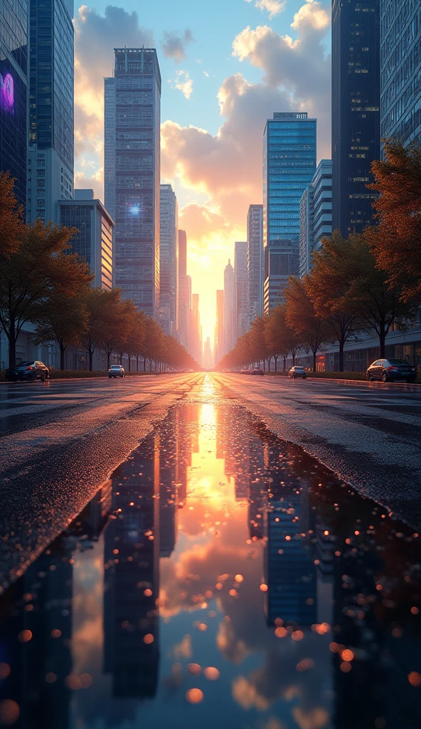 a reflection of a colourful city skyscrapers on a flooded street after heavy rain, afternoon, god rays, sunset, dark orange sky, dark clouds, upside down camera, flip the camera, wide lenses, 4k, 8k, highres, masterpiece:1.2, ultra-detailed, realistic, photorealistic, photo-realistic:1.37, HDR, UHD, studio lighting, ultra-fine painting, sharp focus, physically-based rendering, extreme detail description, professional, vivid colors, bokeh, landscape, cinematic