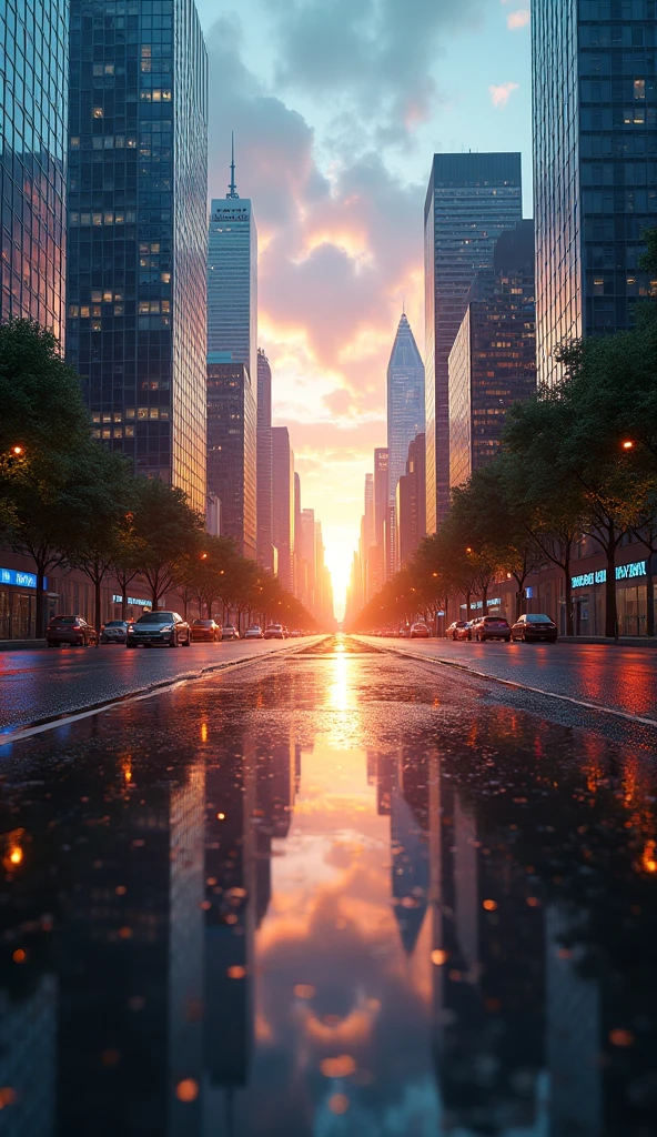 a reflection of a colourful city skyscrapers on a flooded street after heavy rain, afternoon, god rays, sunset, dark orange sky, dark clouds, upside down camera, flip the camera, wide lenses, 4k, 8k, highres, masterpiece:1.2, ultra-detailed, realistic, photorealistic, photo-realistic:1.37, HDR, UHD, studio lighting, ultra-fine painting, sharp focus, physically-based rendering, extreme detail description, professional, vivid colors, bokeh, landscape, cinematic