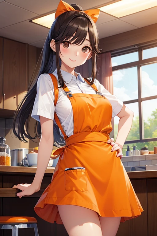 Takane Manaka、  shiny brown long hair、 ribbon ponytail、 beautiful brown eyes 、smile、Sparkling Eyes, (fine grain)、 very detailed eyes、 very detailed face in light blue underwear,  very detailed eyes, masterpiece,  best quality,  high definition , ( best quality,masterpiece:1.2),Alone,Alone、 Cowboy Shot 、nsfw、 


( one girl :1.3, Alone), ( waitress :1.3),,  pretty face, cute, 
break, 
(Orange Family Restaurant Uniform :1.2), (Orange suspender skirt:1.4),(Orange Apron:1.2), , ( Orange High Waist Skirt :1.3), ( Orange Long Skirt and Apron:1.3), ( white shirt:1.2),  Button Gap ,Short sleeve, Name Tags,
break
at restaurant, indoor, Cinematic Light, cute,  happy , 
break,  Best Ratio Is 4 Fingers and 1 Thumb , perfect anatomy,   tied behind the road {x} for perfect proportions,