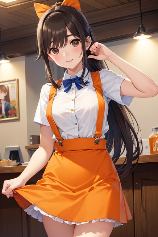 Takane Manaka、  shiny brown long hair、 ribbon ponytail、 beautiful brown eyes 、smile、Sparkling Eyes, (fine grain)、 very detailed eyes、 very detailed face in light blue underwear,  very detailed eyes, masterpiece,  best quality,  high definition , ( best quality,masterpiece:1.2),Alone,Alone、 Cowboy Shot 、nsfw、 


( one girl :1.3, Alone), ( waitress :1.3),,  pretty face, cute, 
break, 
(Orange Family Restaurant Uniform :1.2), (Orange suspender skirt:1.4),(Orange Apron:1.2), , ( Orange High Waist Skirt :1.3), ( Orange Long Skirt and Apron:1.3), ( white shirt:1.2),  Button Gap ,Short sleeve, Name Tags,
break
at restaurant, indoor, Cinematic Light, cute,  happy , 
break,  Best Ratio Is 4 Fingers and 1 Thumb , perfect anatomy,   tied behind the road {x} for perfect proportions,