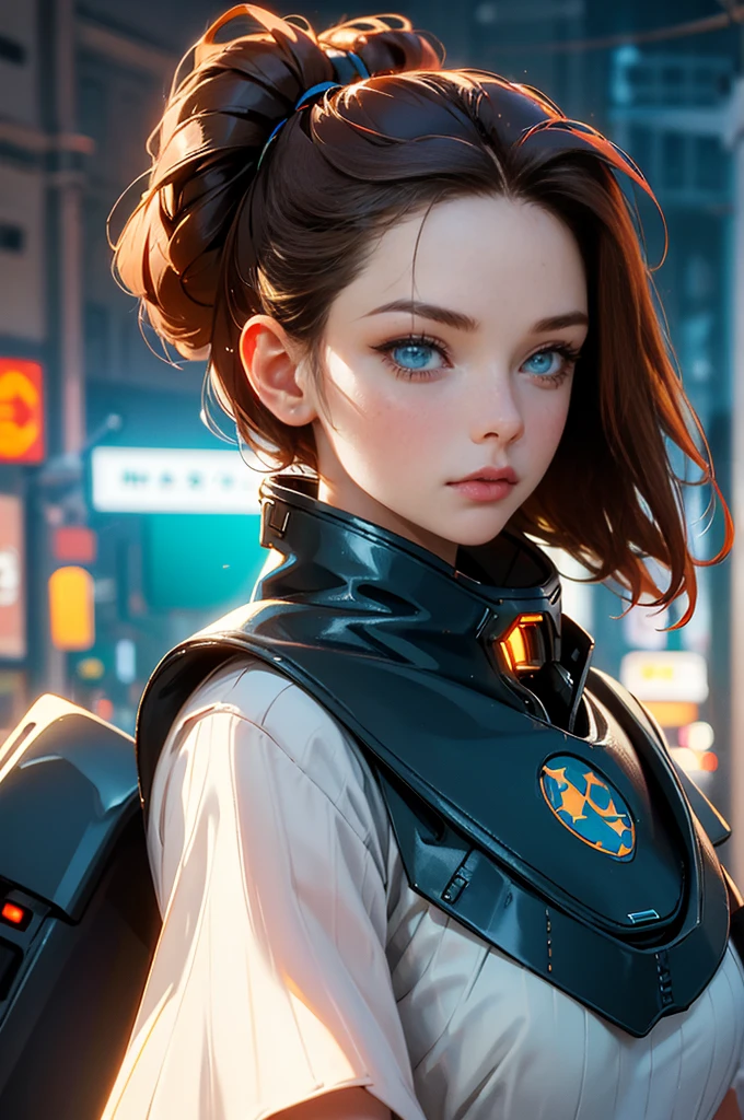 masterpiece,  best quality, , (solo), 1girl, look up, dim light, , Horizon_(apex legends), goggles, blue eyes, brown hair, gauntlets, shoulder armor,  headwear, (freckles:0.5), , (science_fiction), outdoors, street, neon lights, cyberpunk,