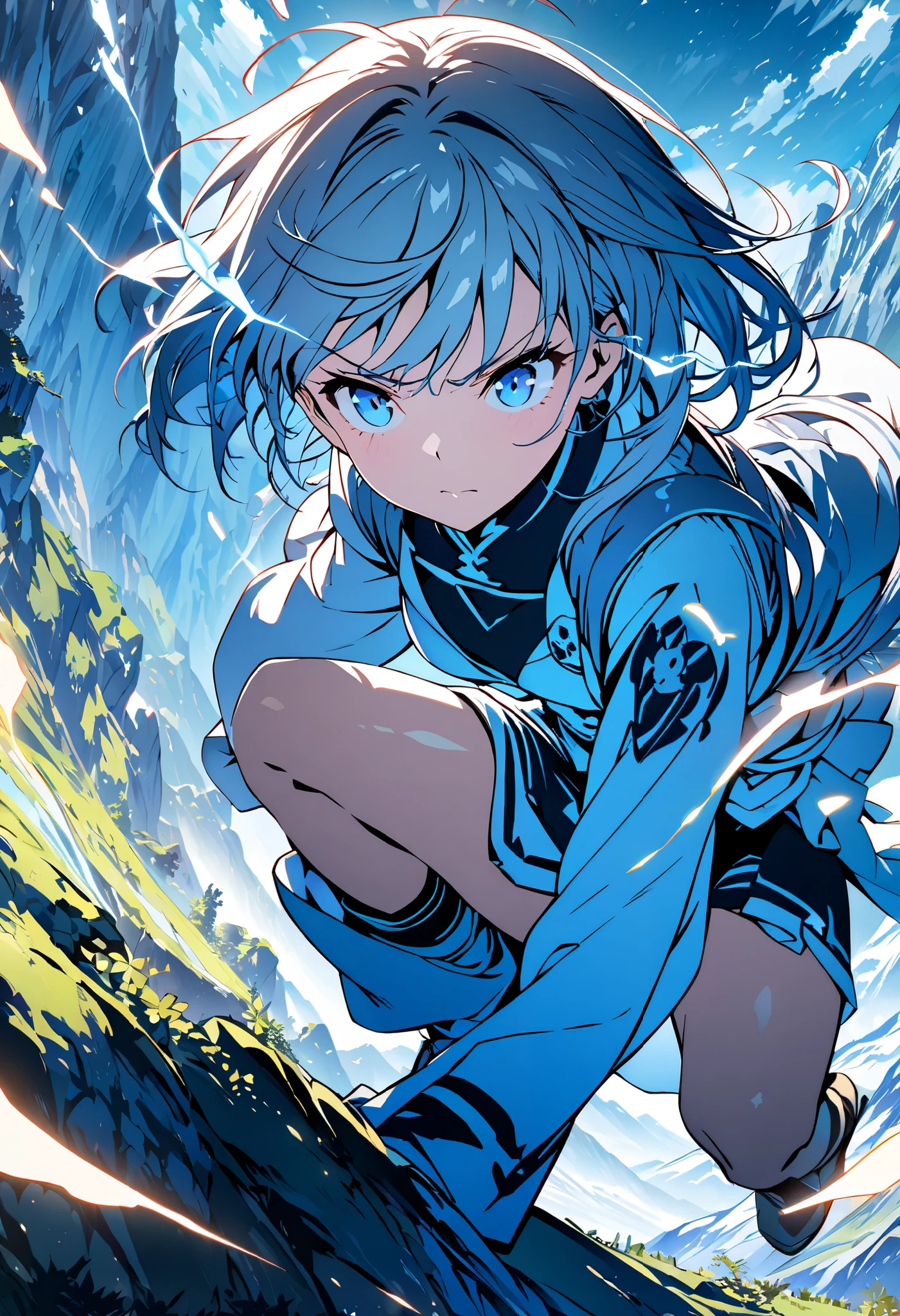 (Anime illustration of a girl with a rabbit motif. Squatting down. The effect of storing energy in the legs. The energy is blue and shining. The background is a scene in the mountains. Angle viewed from top to bottom. A serious expression. masterpiece, best quality, extremely detailed CG unity 8k wallpaper,