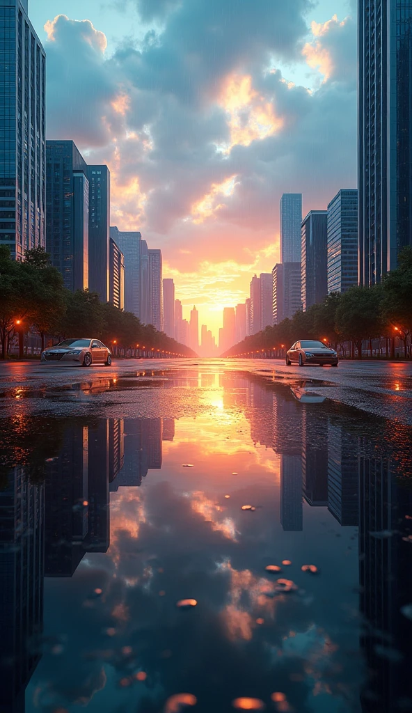 a reflection of a colourful city skyscrapers on a flooded street after heavy rain, afternoon, god rays, sunset, dark orange sky, dark clouds, upside down camera, flip the camera, wide lenses, 4k, 8k, highres, masterpiece:1.2, ultra-detailed, realistic, photorealistic, photo-realistic:1.37, HDR, UHD, studio lighting, ultra-fine painting, sharp focus, physically-based rendering, extreme detail description, professional, vivid colors, bokeh, landscape, cinematic