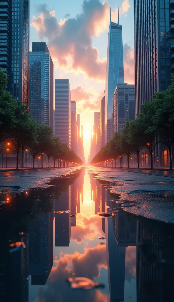 a reflection of a colourful city skyscrapers on a flooded street after heavy rain, afternoon, god rays, sunset, dark orange sky, dark clouds, upside down camera, flip the camera, wide lenses, 4k, 8k, highres, masterpiece:1.2, ultra-detailed, realistic, photorealistic, photo-realistic:1.37, HDR, UHD, studio lighting, ultra-fine painting, sharp focus, physically-based rendering, extreme detail description, professional, vivid colors, bokeh, landscape, cinematic