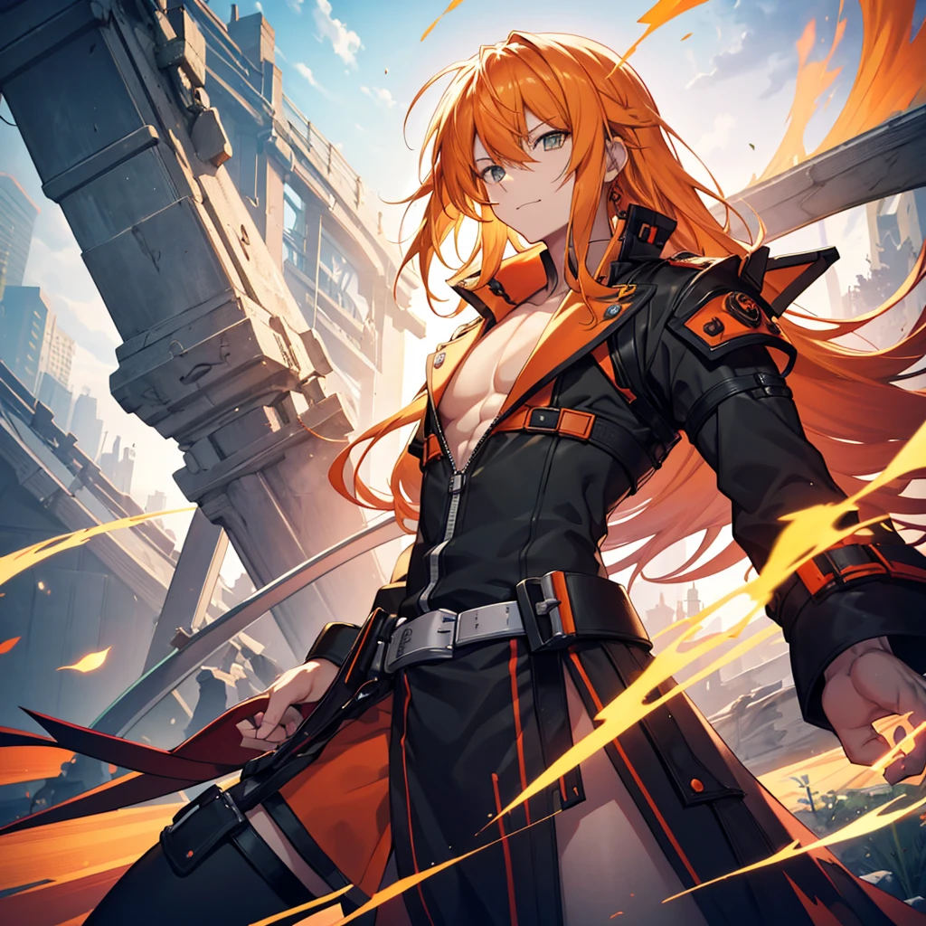 GUILTY GEAR, {{{{{Illustration of a person}}}}, {{{ orange battle coat}}}, Orange and black outfit ,  long brand hair,  straight hair ,  long bangs  ,  close your mouth and laugh , ４０age,  handsome, Narrow green eyes ,  Official Art、  best quality、  Unity 8K Wallpaper 、32K、masterpiece、 super detailed, Male nose, Male Eyes  , Male outline  , {{{ carrying a large red sword }}}, Fighting in the old battlefield ,  acrobatic poses,