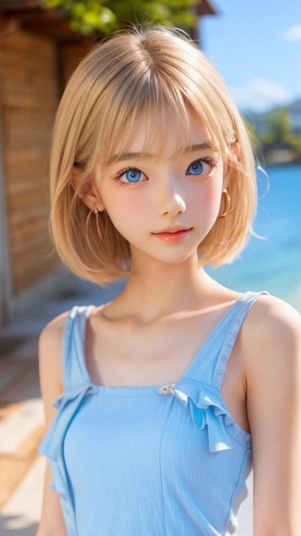 ((sfw: 1.4)), ((detailed face,  professional photography)), ((sfw, extra short hair, sidelocks-hair, (  blond hair), Large, clear sky-blue eyes, earrings, 1 Girl)), Ultra High Resolution, (Realistic: 1.4), RAW Photo, Best Quality, (Photorealistic Stick), Focus, Soft Light, ((15 years old)), (( (young face))), (surface), (depth of field), masterpiece, (realistic), woman, bangs, ((1 girl))