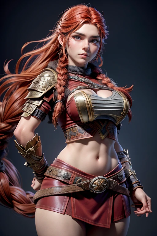  Young Viking woman , warrior,  long red hair tied in a single braid ,  amazonian body ,  generous hips , curvilinear,  woman wears leather armor with leather linings and Celtic and Nordic knots, fur skirt,  top quality ,  masterpiece, super detail,  lyrics,  cinematographic lighting.