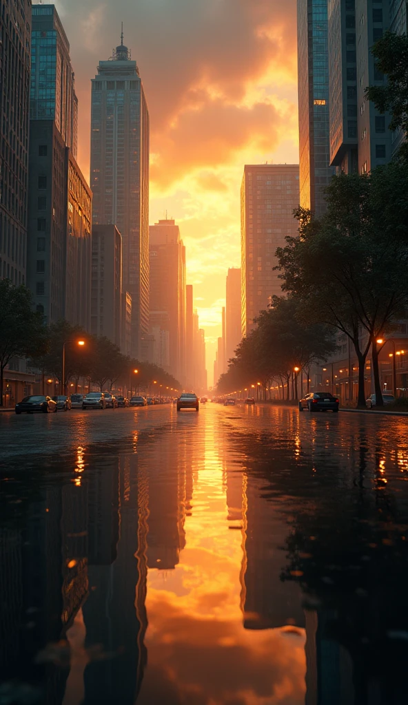 a reflection of a colourful city skyscrapers on a flooded street after heavy rain, afternoon, god rays, sunset, dark orange sky, dark clouds, upside down camera, flip the camera, wide lenses, 4k, 8k, highres, masterpiece:1.2, ultra-detailed, realistic, photorealistic, photo-realistic:1.37, HDR, UHD, studio lighting, ultra-fine painting, sharp focus, physically-based rendering, extreme detail description, professional, vivid colors, bokeh, landscape, cinematic