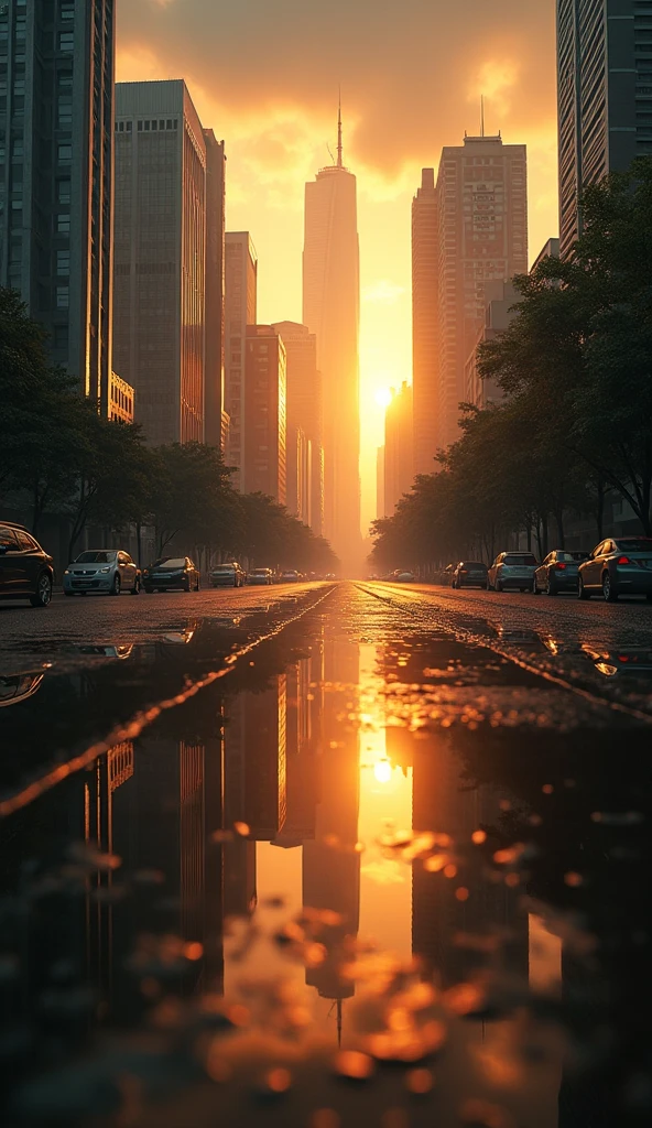 a reflection of a colourful city skyscrapers on a flooded street after heavy rain, afternoon, god rays, sunset, dark orange sky, dark clouds, upside down camera, flip the camera, wide lenses, 4k, 8k, highres, masterpiece:1.2, ultra-detailed, realistic, photorealistic, photo-realistic:1.37, HDR, UHD, studio lighting, ultra-fine painting, sharp focus, physically-based rendering, extreme detail description, professional, vivid colors, bokeh, landscape, cinematic