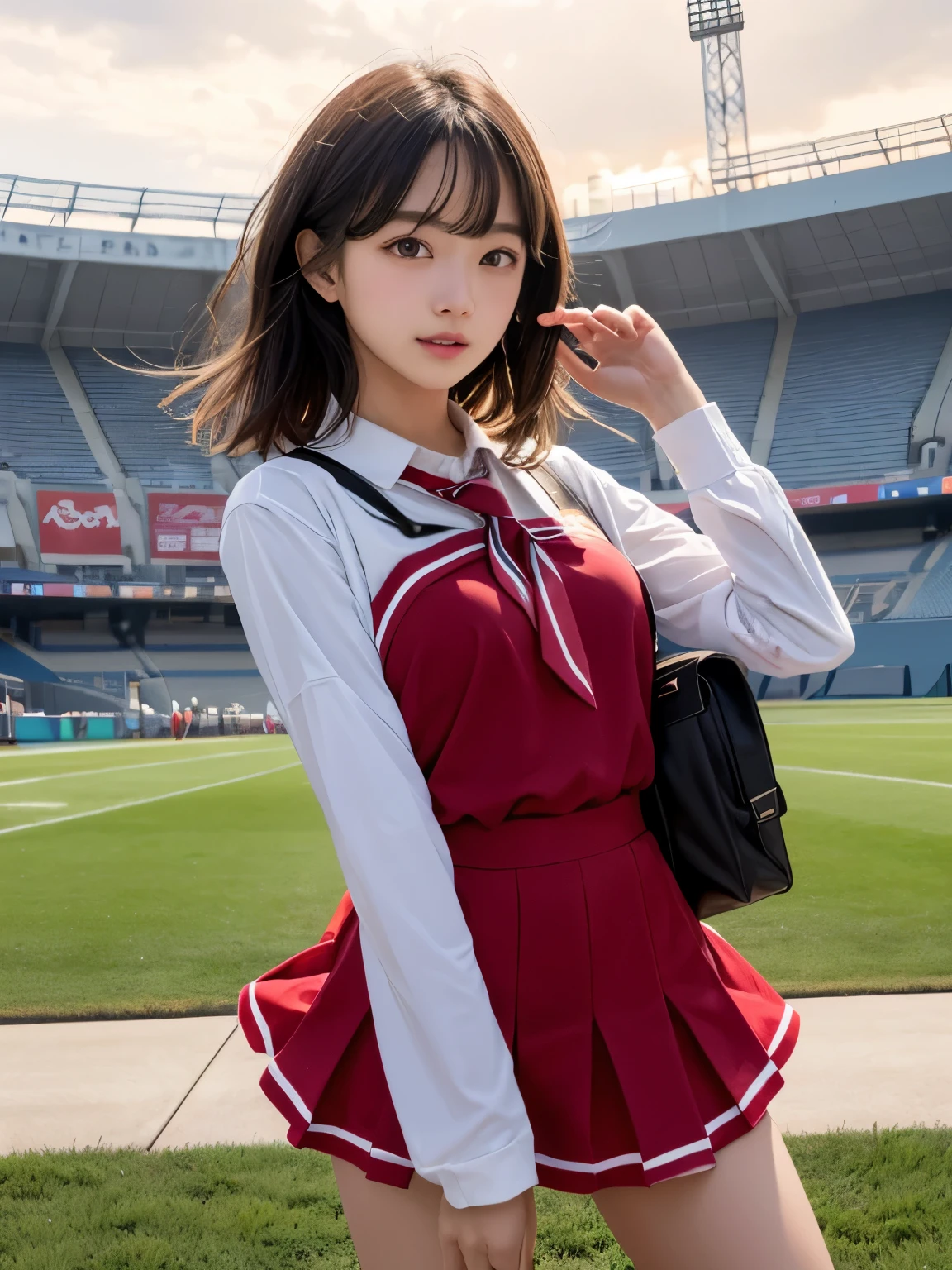 Arafed asian woman in a red and white uniform posing for a picture ...
