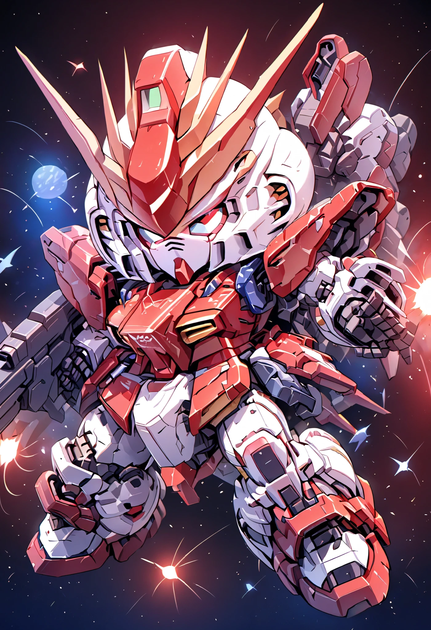 ((masterpiece)), accurate, textured skin, ((super detail)), high quality, high details, highres, best quality, chibi, Gundam, robots, deformed characters, space, star wars, Metallic red armor, Beam rifle, Heavy Armor, girl, shooting stars