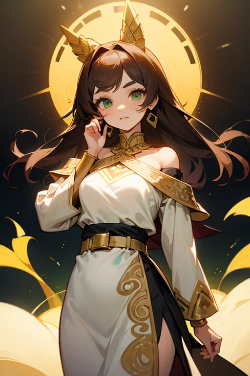 Woman , long dark brown hair, long dark brown hair , golden eyes, golden eyes, FOV, f1.8, masterpiece, front portrait shot, black and gold clothing, plain gold colored background, close up, smiling, front bangs, braid on the left side of hair