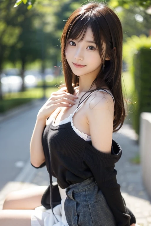  Realistic Photo Quality 、A Japanese model is sitting wearing white clothes and a black skirt wearing gloves,  black skirt、 cosplay, anime girl  cosplay,  cosplay photo, Anime Goddess,  elegant glamourous  cosplay, プロフェッショナル  cosplay、 looking at camera、Detailed and beautiful eyes、 cute smile、 soft and gentle expression 