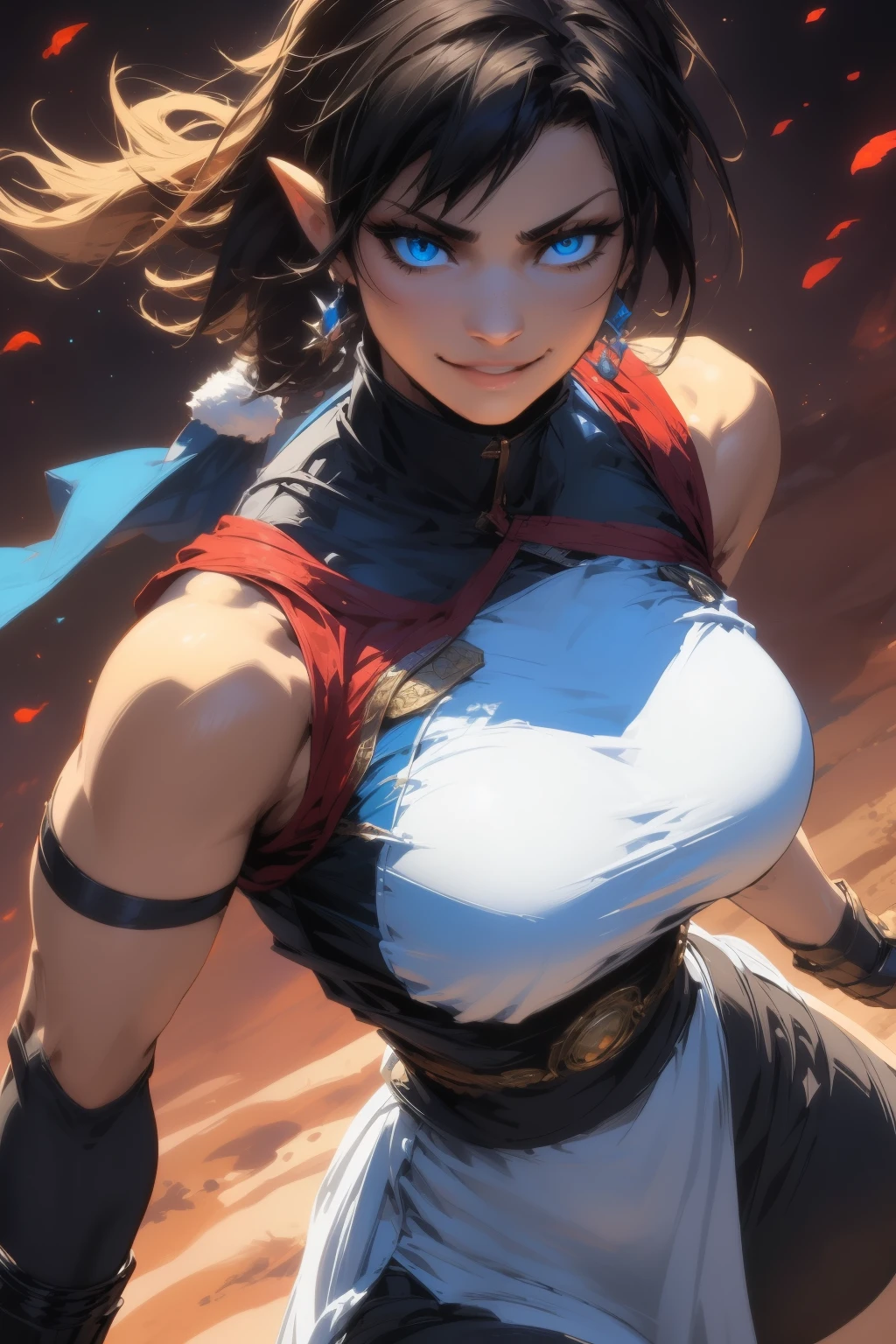 Korra da avatar,(best quality, 4K,8k,high resolution,work of art:1.2)(weather: showing), tundra background, artic village, wide hips, long curly hair, brown hair, freckles, sleeveless crop top, fur belt, bodycon winter skirt, leggings, winter boots, elbow long gloves, light makeup, dark eyeliner, blush, flirting pose, earrings, glowing eyes, ultra detailed, portrait, realistic, beautiful detailed blue eyes, beautiful detailed lips, extremely detailed eye and face, long eyelashes,average, large breasts, flying hair, beaming smile, sexy smile, powerful girl, bright coloured, dramatic lighting, blue flames,