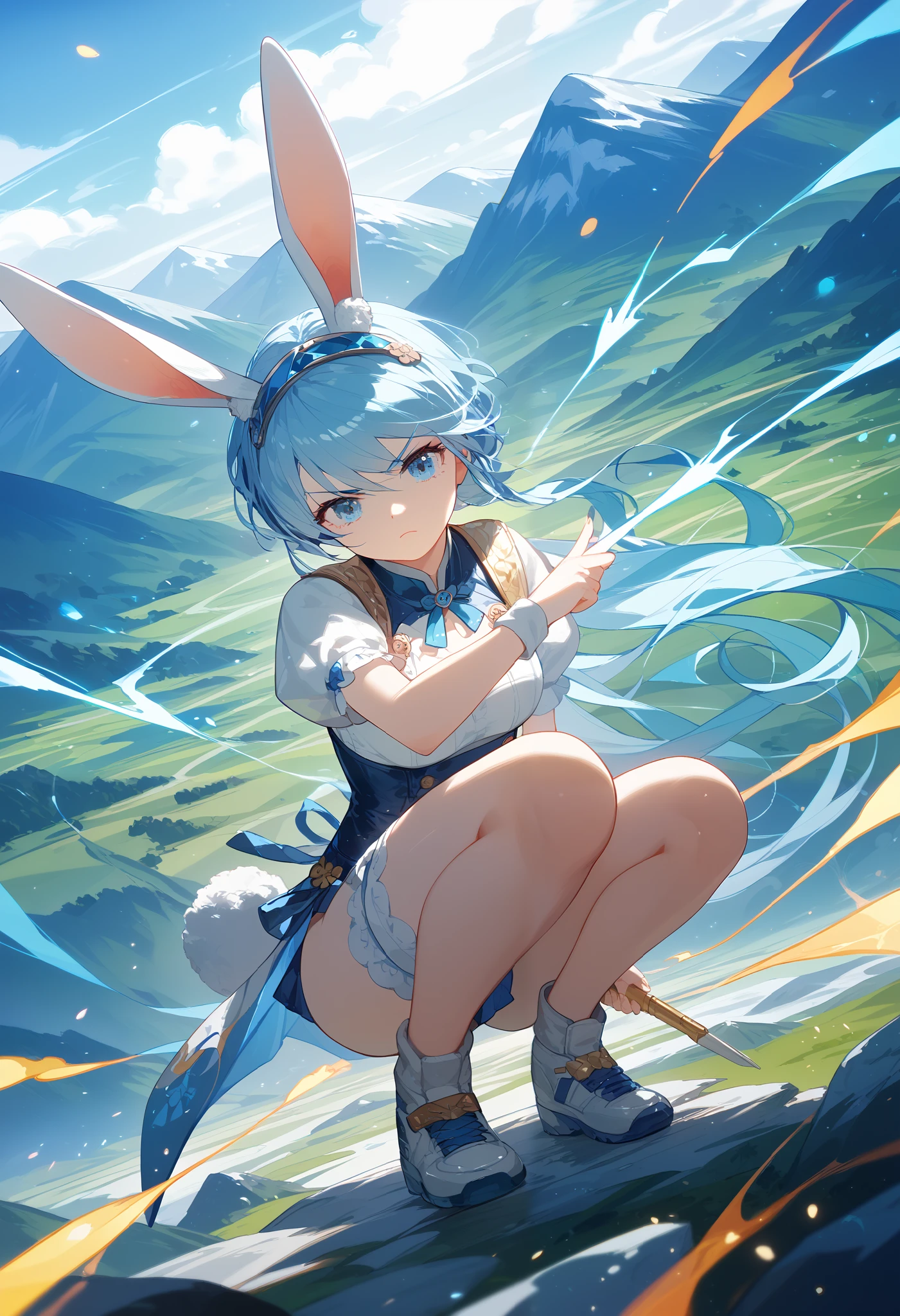 (Anime illustration of a girl with a rabbit motif. Squatting down. The effect of storing energy in the legs. The energy is blue and shining. The background is a scene in the mountains. Angle viewed from top to bottom. A serious expression. masterpiece, best quality, extremely detailed CG unity 8k wallpaper,