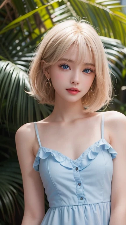 (( whole body：2.0)), ((whole bodyで真正面を向いて：1.6)), (8k,  best quality, masterpiece: 1.2),  super detailed,  best quality,  ultra high resolution,,  super short hair,  side lock hair,  earrings for a woman alone, ((Sparkling silky platinum blonde)),  Skinny Slender Body , （ small breasts：1.6),　（ small breasts：1.6),　（ small breasts：1.6),　(( big clear blue eyes , So beautiful、Bright eye highlights)),  professional lighting,,  woman in a white dress with ruffles,  gentle smile,　Tropical Beach,　Bright sunlight