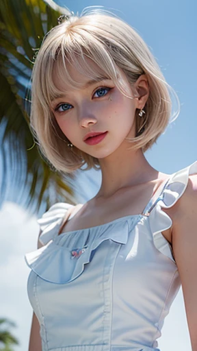 (( whole body：2.0)), ((whole bodyで真正面を向いて：1.6)), (8k,  best quality, masterpiece: 1.2),  super detailed,  best quality,  ultra high resolution,,  super short hair,  side lock hair,  earrings for a woman alone, ((Sparkling silky platinum blonde)),  Skinny Slender Body , （ small breasts：1.6),　（ small breasts：1.6),　（ small breasts：1.6),　(( big clear blue eyes , So beautiful、Bright eye highlights)),  professional lighting,, (( woman in a white dress with ruffles)),  gentle smile,　Tropical Beach,　Bright sunlight