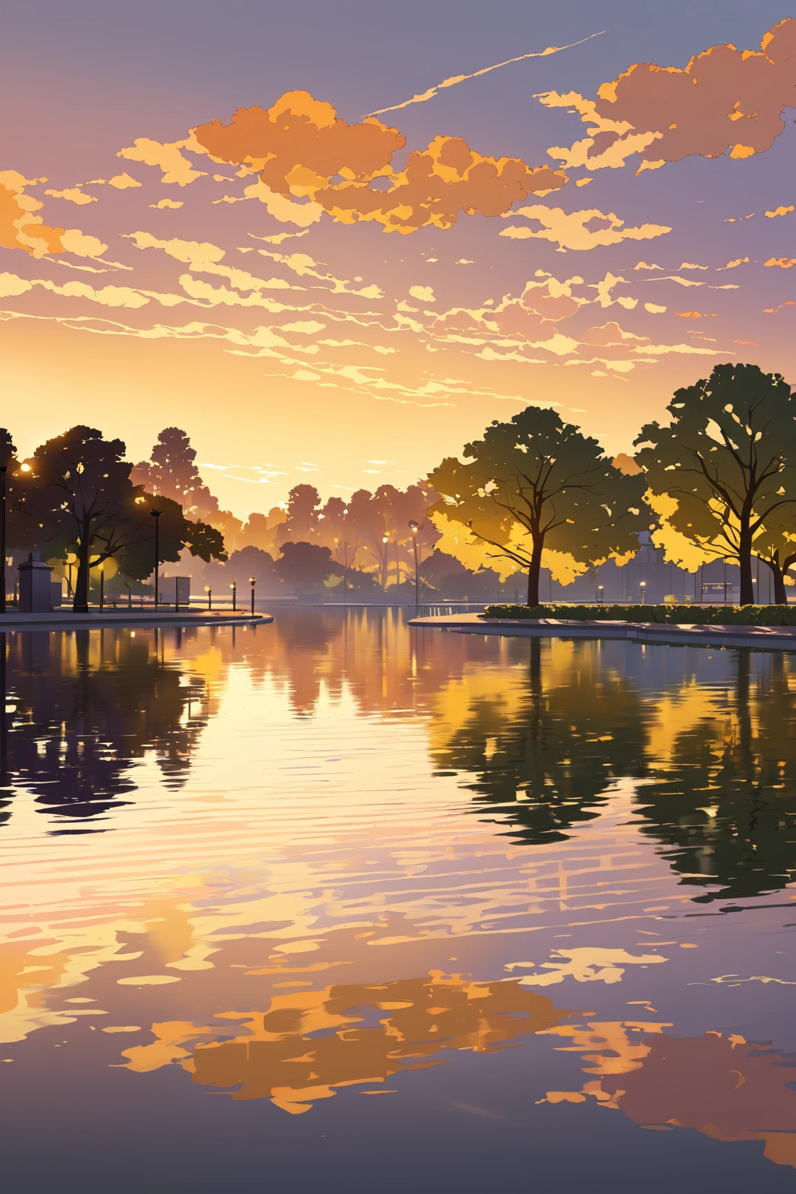 A tranquil sunrise over a modern city reflected on a still lake. The buildings, painted in soft hues of orange, yellow, and purple from the morning light, stand tall against the gradually brightening sky. Their reflections on the water are slightly blurred by gentle ripples, creating a peaceful and harmonious scene. The foreground features silhouettes of trees and benches, suggesting a quiet urban park by the lake