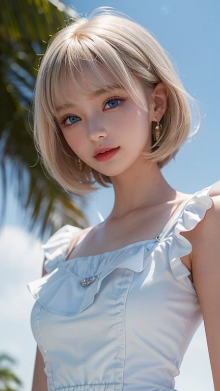 (( whole body：2.0)), ((whole bodyで真正面を向いて：1.6)), (8k,  best quality, masterpiece: 1.2),  super detailed,  best quality,  ultra high resolution,,  super short hair,  side lock hair,  earrings for a woman alone, ((Sparkling silky platinum blonde)),  Skinny Slender Body , （ small breasts：1.6),　（ small breasts：1.6),　（ small breasts：1.6),　(( big clear blue eyes , So beautiful、Bright eye highlights)),  professional lighting,, (( woman in a white dress with ruffles)),  gentle smile,　Tropical Beach,　Bright sunlight