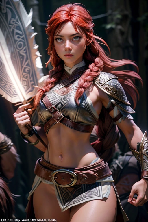  Young Viking woman , warrior,  long red hair tied in a single braid ,  amazonian body ,  generous hips , curvilinear,  woman wears leather armor with leather linings and Celtic and Nordic knots, fur skirt,  top quality ,  masterpiece, super detail,  lyrics,  cinematographic lighting.