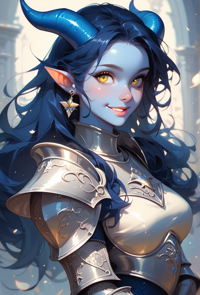 female knight, full knight armor, Adult female kobold, with long dark blue hair, long hair, yellow eyes, blue scale skin and small blue horns, atheltic body. small loving smile.