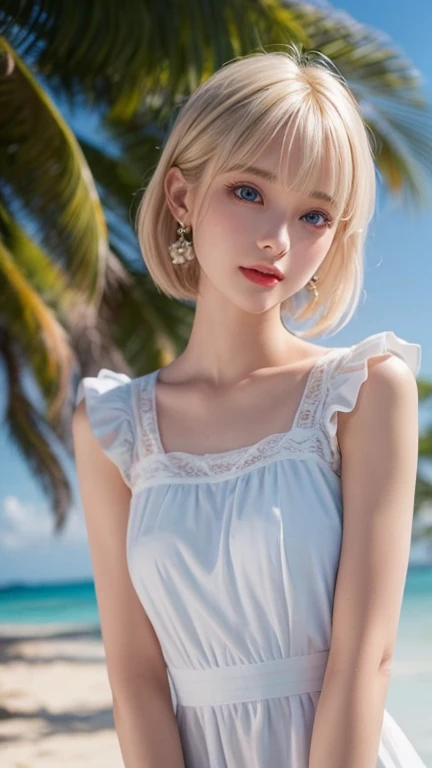 (( whole body：2.0)), ((whole bodyで真正面を向いて：1.6)), (8k,  best quality, masterpiece: 1.2),  super detailed,  best quality,  ultra high resolution,,  super short hair,  side lock hair,  earrings for a woman alone, ((Sparkling silky platinum blonde)),  Skinny Slender Body , （ small breasts：1.6),　（ small breasts：1.6),　（ small breasts：1.6),　(( big clear blue eyes , So beautiful、Bright eye highlights)),  professional lighting,, (( woman in a white dress with ruffles)),  gentle smile,　Tropical Beach,　Bright sunlight