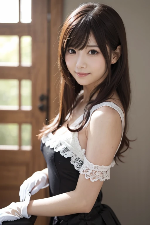  Realistic Photo Quality 、A Japanese model is sitting wearing white clothes and a black skirt wearing gloves,  black skirt、 cosplay, anime girl  cosplay,  cosplay photo, Anime Goddess,  elegant glamourous  cosplay, プロフェッショナル  cosplay、 looking at camera、Detailed and beautiful eyes、 cute smile、 soft and gentle expression 