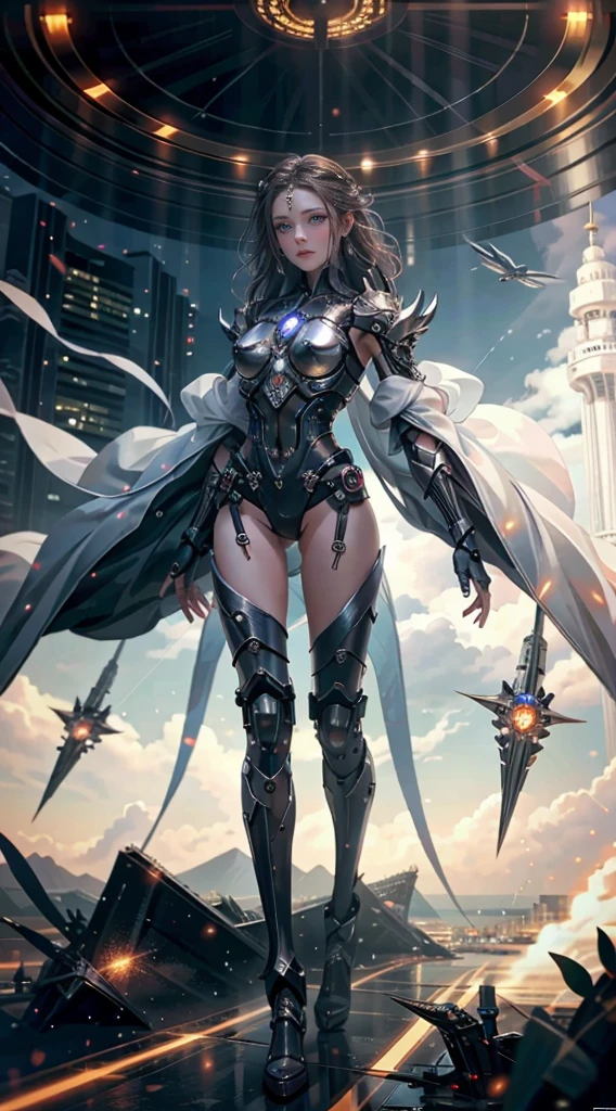 Translucent ethereal mechanical girl，futuristic girl，Mechanical joint，futuristic city background