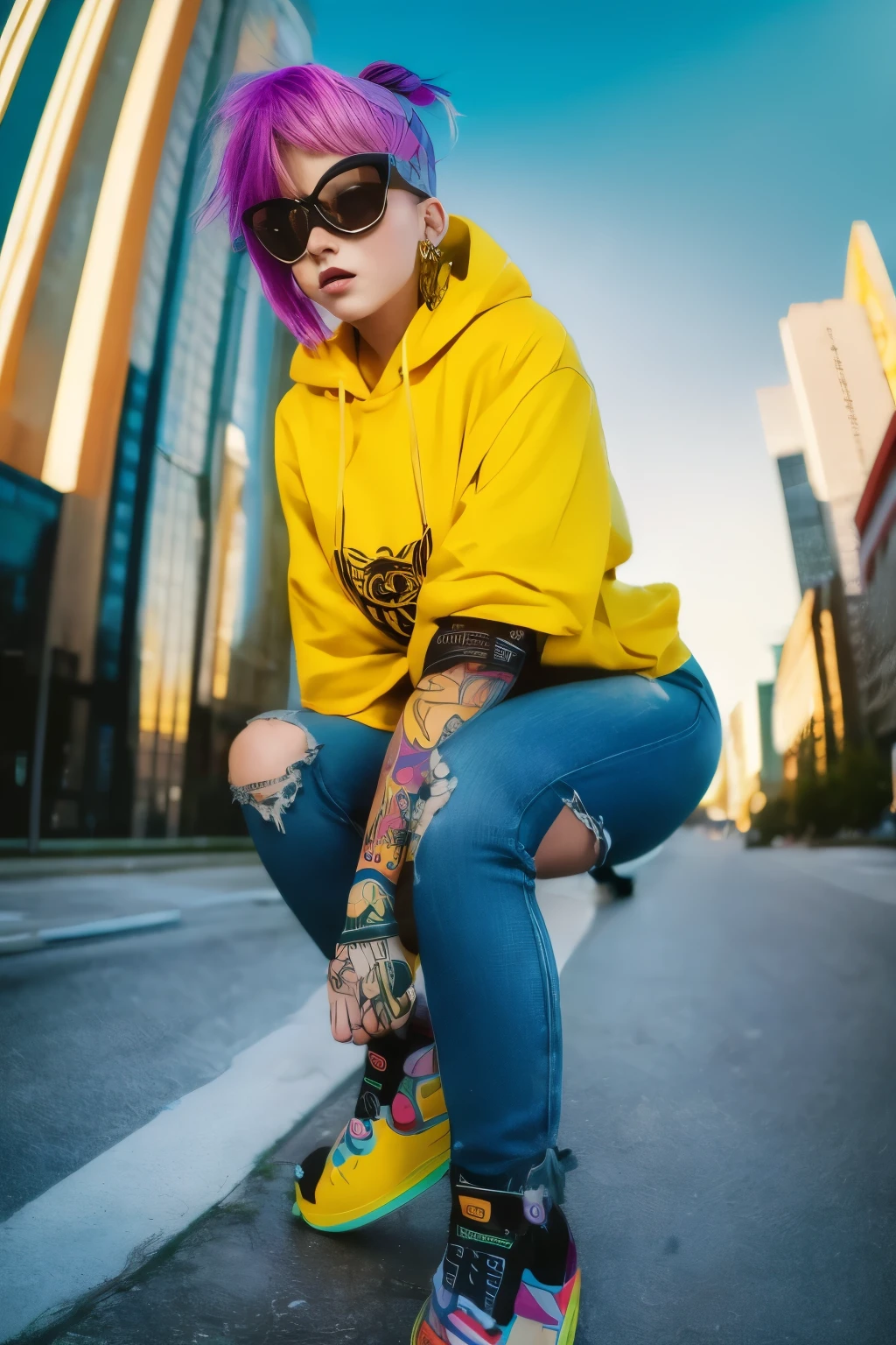 The most beautiful and sexy skateboard girl, rainbow colored hair, yellow eyes, wearing hoodie, graphic t-shirt, torn skinny jeans and highly detailed skateboard gear, tons of tattoos and piercings, highly detailed background, perfect masterpiece, high quality, high resolution