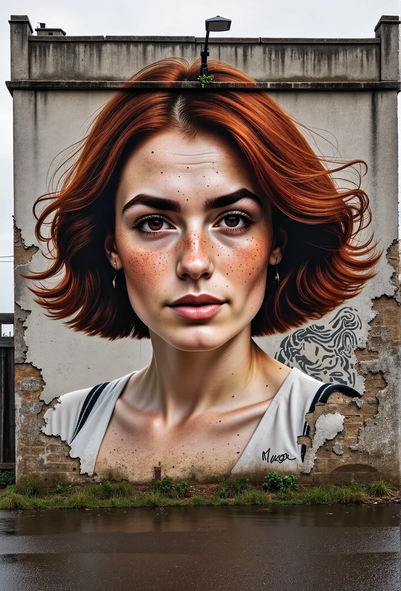 Photorealistic picture, cinematic style, (((a graffiti art on a rundown concrete building wall depicting a beautiful British woman))).